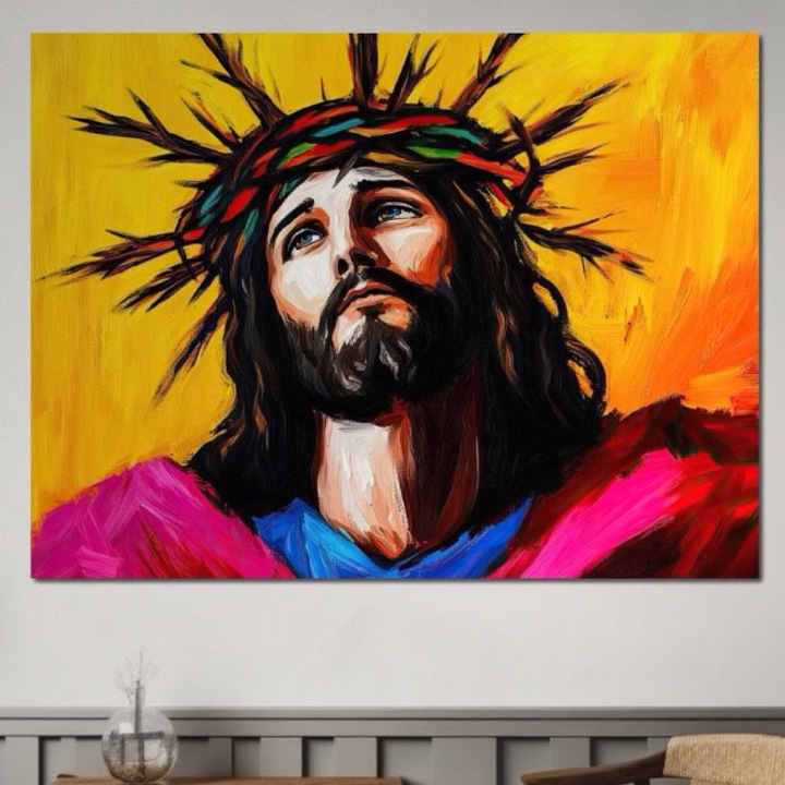 Премиум картина върху платно, LuxCanva® H1053, Божествена жертва, 100 X 135 CM, 100% памучно платно 400g/m2, дървена рамка, Исус, Съзерцание, Вътрешен мир, Трънен венец, Небе, Лице, Модерно религиозно изкуство, Хол, Спалня