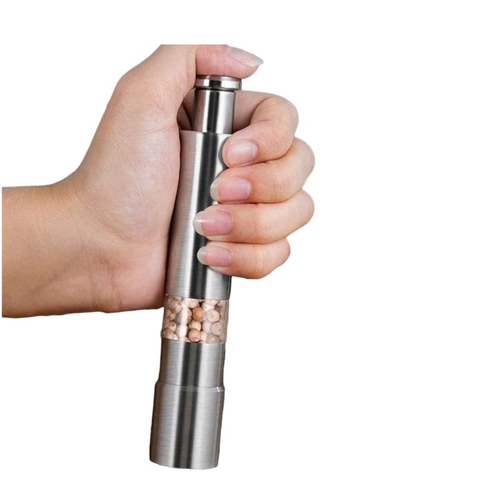 Rasnita manuala reincarcabila din otel inoxidabil pentru piper si sare, design elegant argintiu, functionare cu o singura mana, instrument premium pentru bucatarie si evenimente speciale