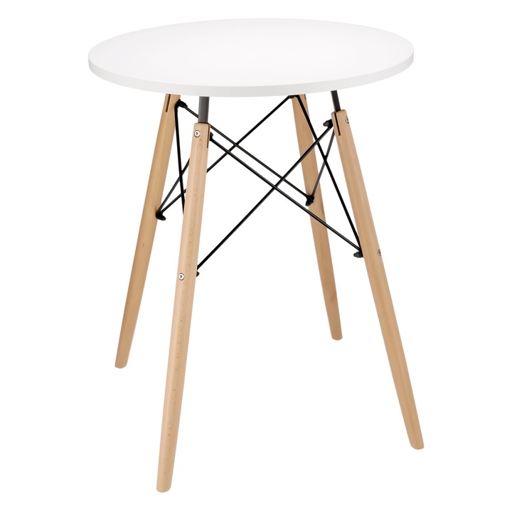 Masa rotunda Jumi, MDF, stil scandinav, 60x60cm, 74cm inaltime, picioare din lemn, alb/maro