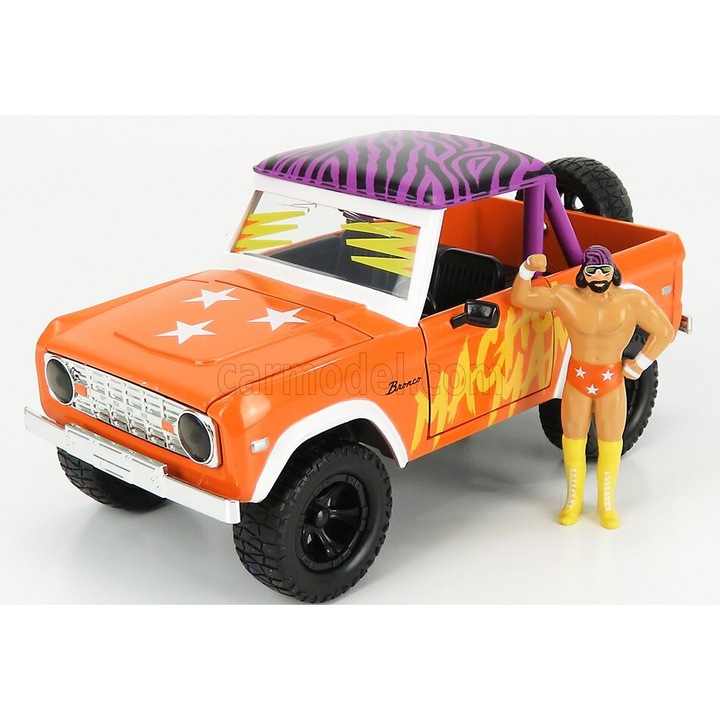 Jada Ford Bronco 1973 1:24 méretarányú modellautó, Macho Man Randy Savage figura, narancs