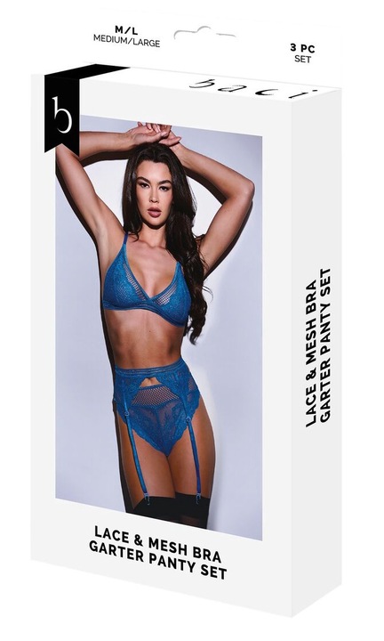 Set lenjerie sexy Baci Lingerie, Jartiera si Chiloti, Albastru, S-M INTL