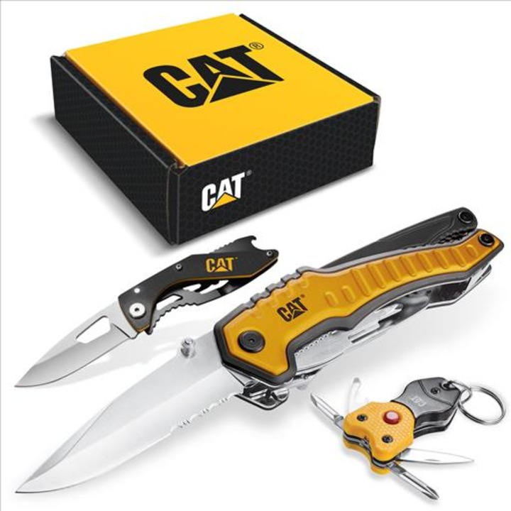 Set unelte CAT XL, 3 piese, multitool 9in1, cu cutit 10 cm si breloc cu lanterna LED