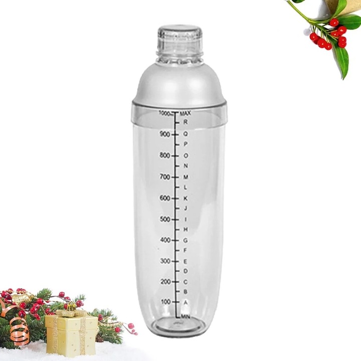Set shaker cocktail 1000ml, argintiu, inox, design transparent, rezistent la temperaturi extreme, cu scala de masurare