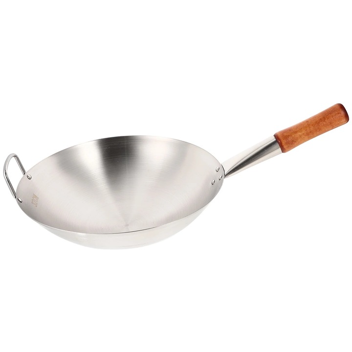Tigaie din inox cu maner din lemn, 50x32x9.5cm, argintie