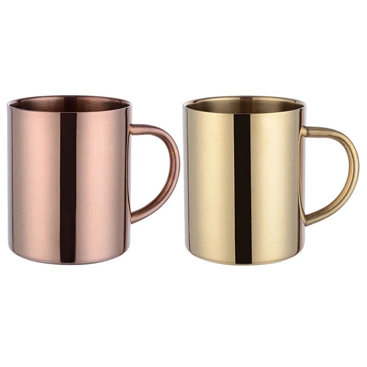 Set 2 Cani Metalice cu Perete Dublu, Inox, Argintii, 400ml, 12x9x8.5cm