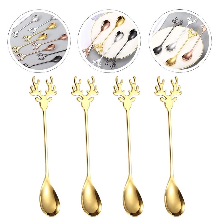 Set de linguri de amestec aurii, 4 bucati, inox, 14.20x2.30x1.00cm, pentru Craciun