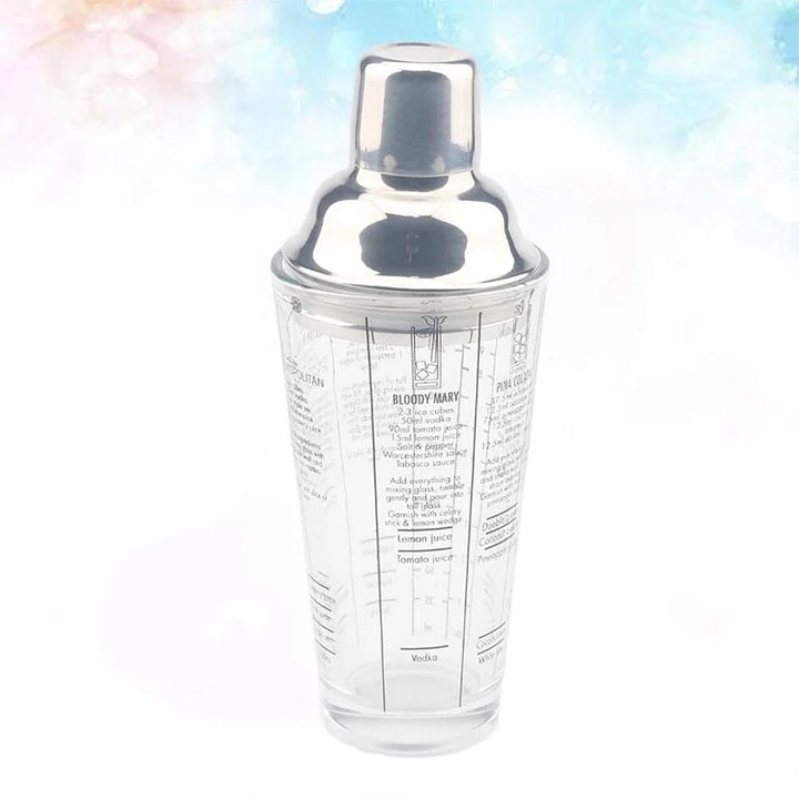 Set shaker cocktail din sticla cu capac din inox, 450ml, argintiu, 8.3x8.3x22cm