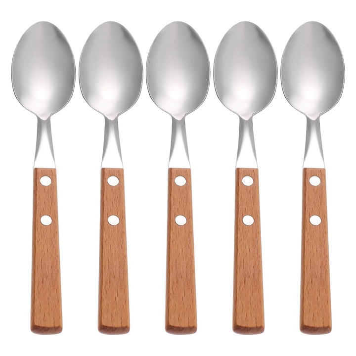 Set 5 linguri de desert din inox cu manere din lemn, argintii, 20x3.8x1.2cm