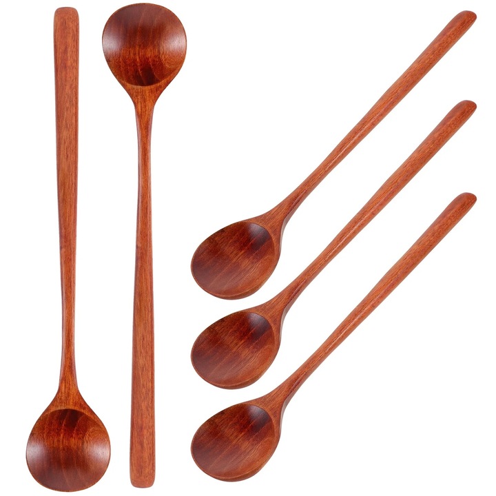 Set 5 linguri din lemn cu maner lung, argintii, 27.50x5.00x1.00cm
