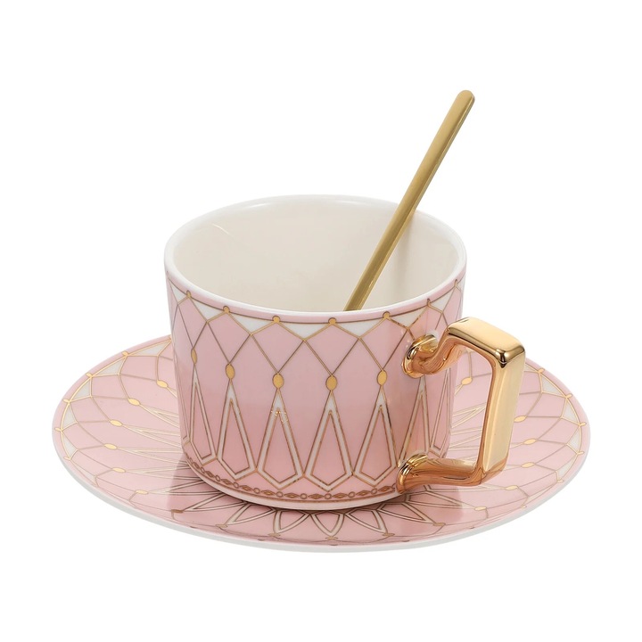 Set cana si farfurie din ceramica, argintie, cu lingurita, design european, pentru cafea si ceai