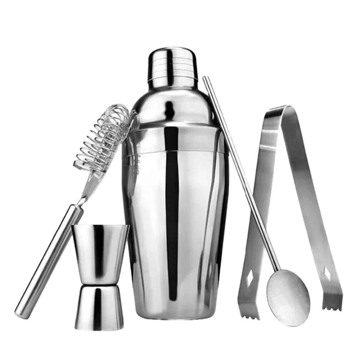 Set de 5 shaker pentru cocktailuri din inox, argintiu, 21x8.1x5.8cm