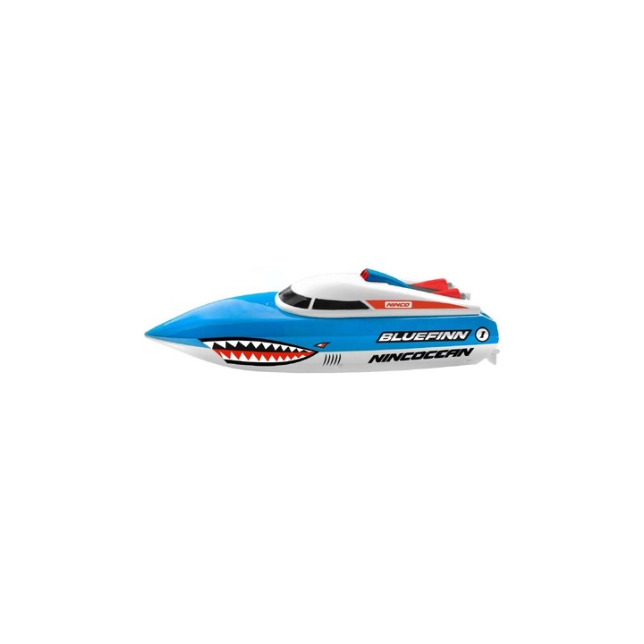 Barca cu telecomanda NINCO Ocean Bluefinn, 2.4GHz, design cu motiv de rechin, functioneaza cu baterii AA