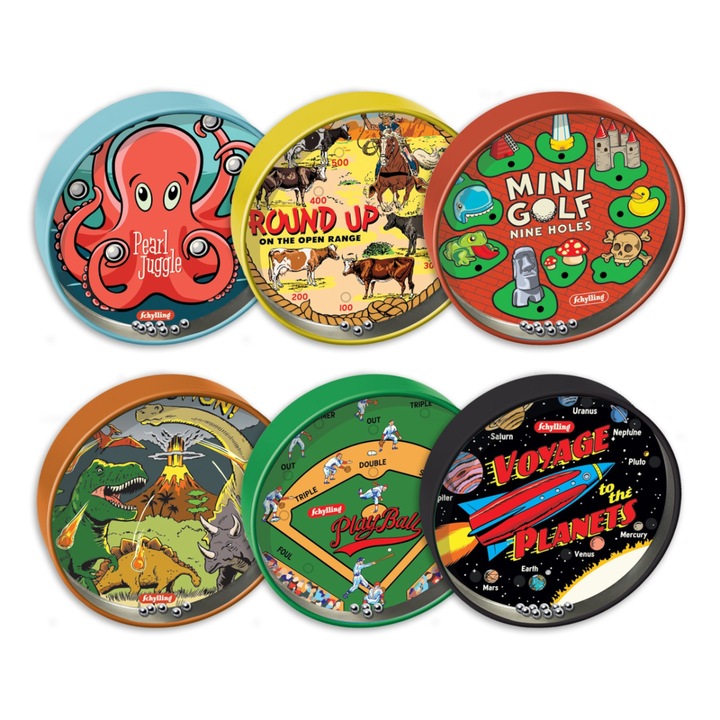 Schylling oktatójáték mini labirintus golyókkal, 1,9x8,9x8,9 cm, 6 motívum, 3+ év