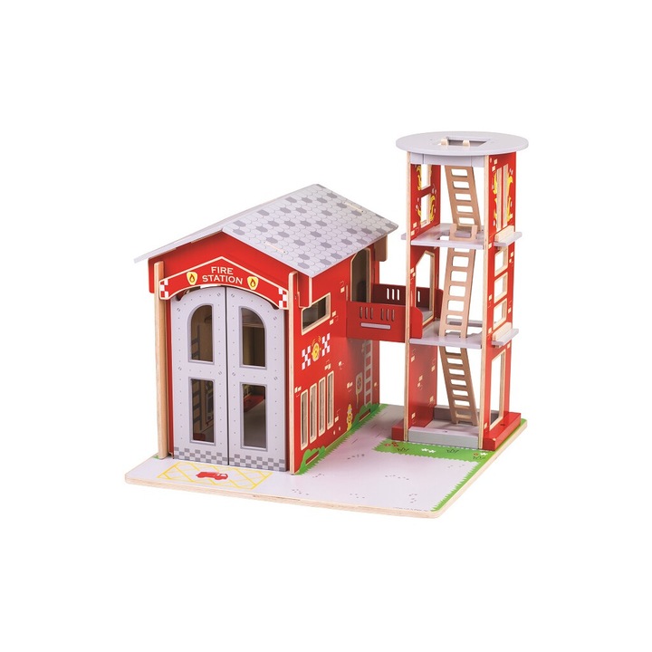 Tűzoltószertár, Bigjigs, 45x45x45 cm, fa, 3+ év