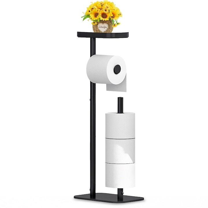 Suport Hartie Igienica, BYONDSELF®, 4 Role, cu Raft pentru Servetele Umede si Telefon, Otel Inoxidabil, 60x20x16 Cm, Negru