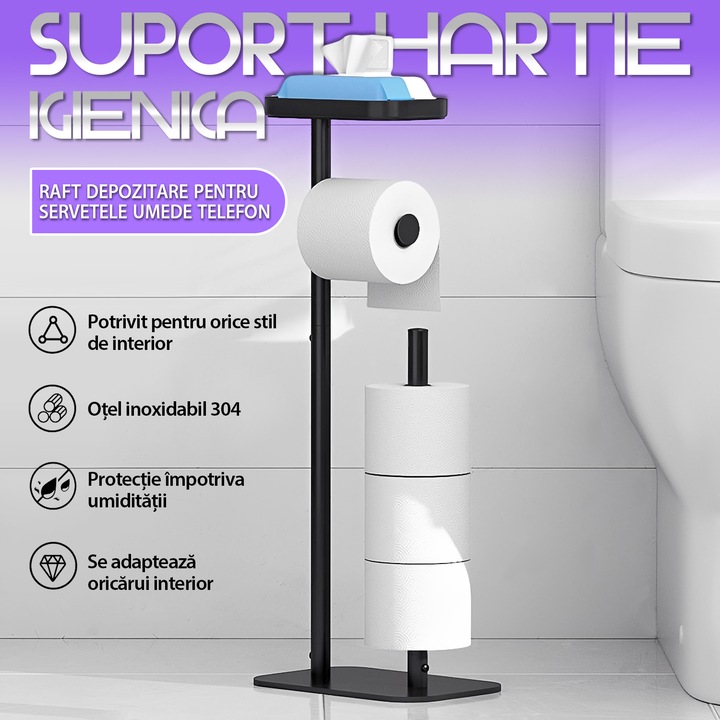 Suport Hartie Igienica, BYONDSELF®, 4 Role, cu Raft pentru Servetele Umede si Telefon, Otel Inoxidabil, 60x20x16 Cm, Negru