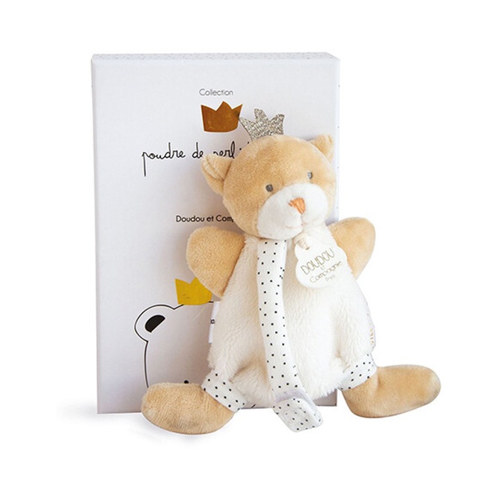 Jucarie pentru bebelusi, DouDou, plus/stofa, urs, 15 cm, alb/bej, cu suport pentru suzeta