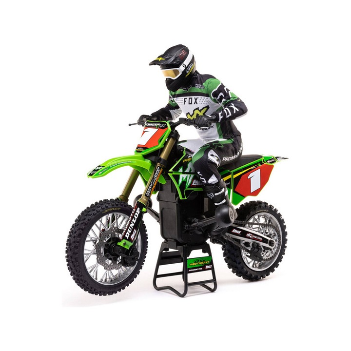 Távirányítós játék motorkerékpár, Losi, Promoto-MX 1:4, Műanyag, Figura és elem mellékelve, Fekete/Zöld