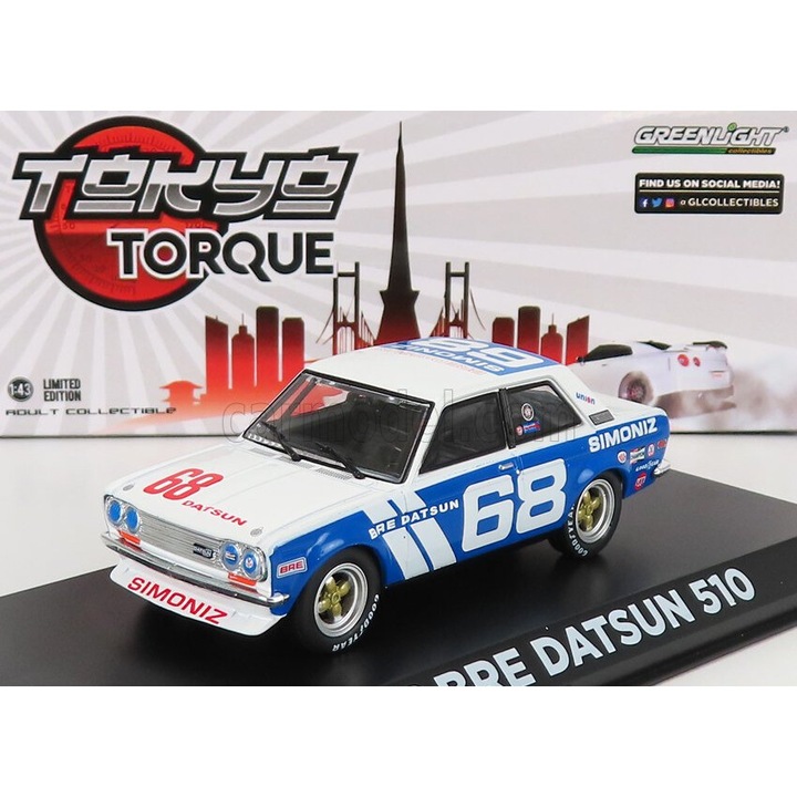 Modellautó, Greenlight, Datsun 510 Bre N 68 Racing 1972 P.gregg 1:43, fehér/kék