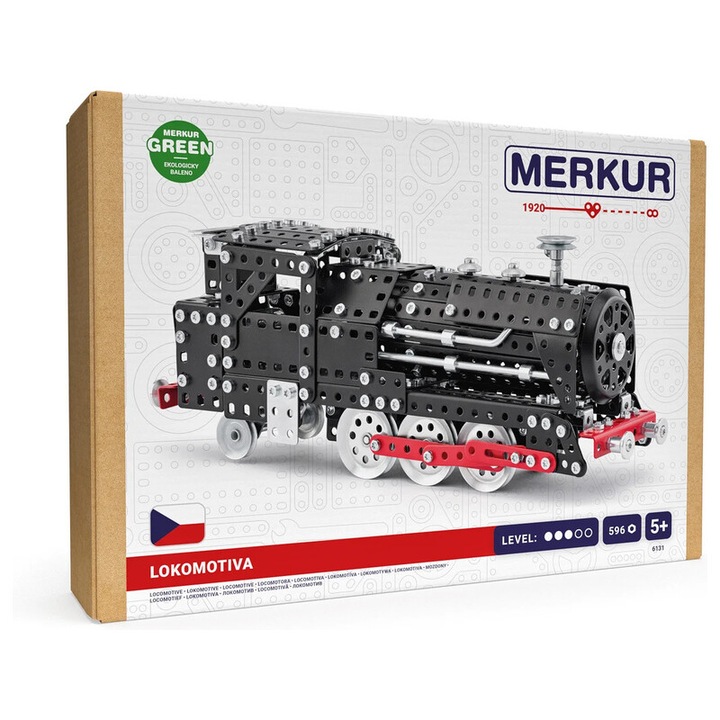 Merkur építőkészlet, Mozdony, fém, fekete/piros, 596 db, 5 év+