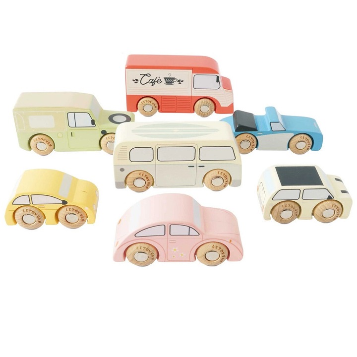 7 db Le Toy Van autó készlet, fa, 10x3x5 cm, 2 év+, tarka