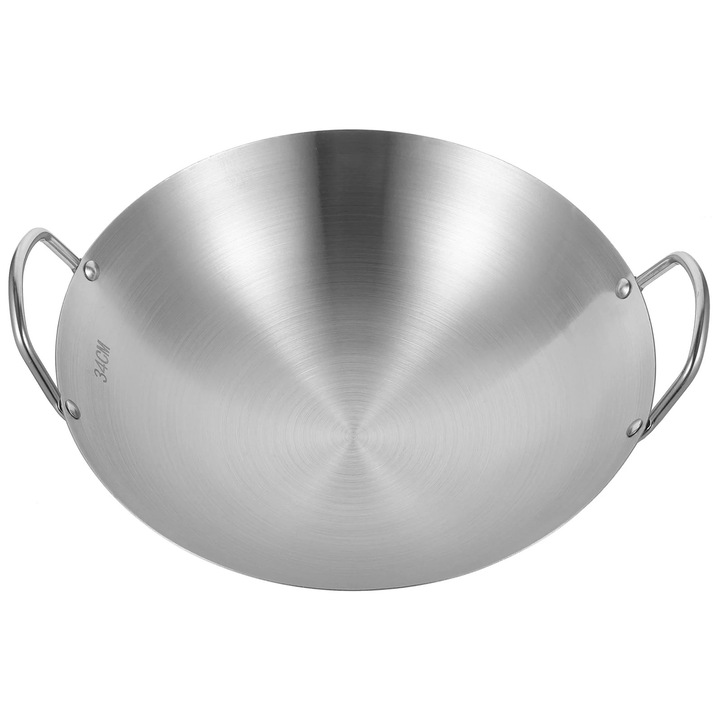 Wok din inox, argintie, 34x34x10cm, design cu manere, pentru gatit acasa