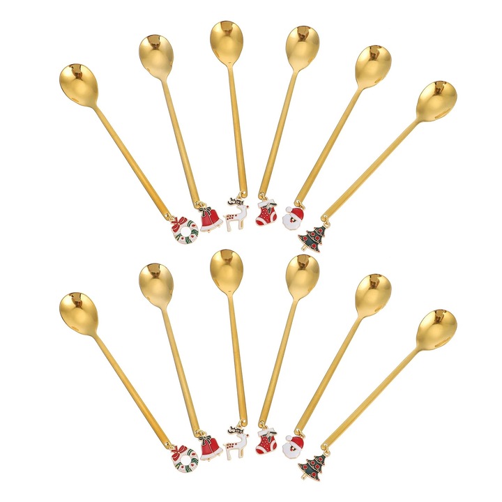 Set 12 linguri cu pandantiv tematic de Craciun, inox, argintiu, 13.5x2.4x0.1cm, pentru 4 persoane