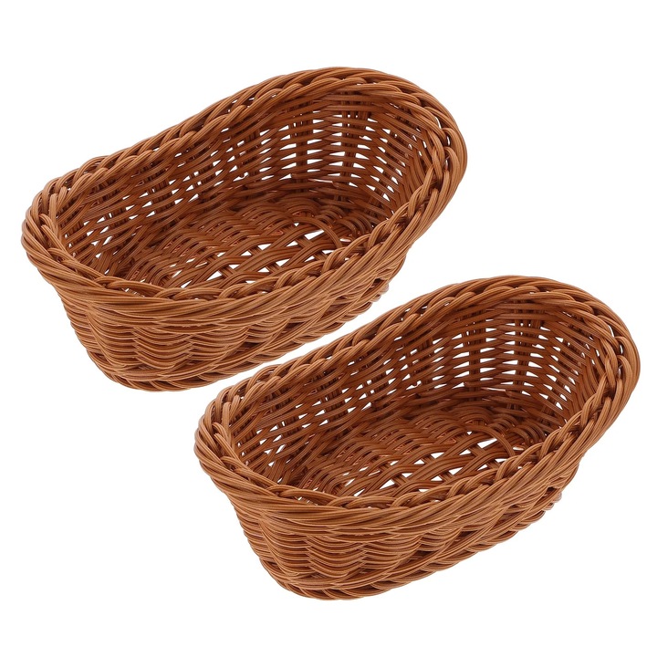 Set 2 cosuri de depozitare din plastic, rattan imitat, maro deschis, pentru fructe si legume