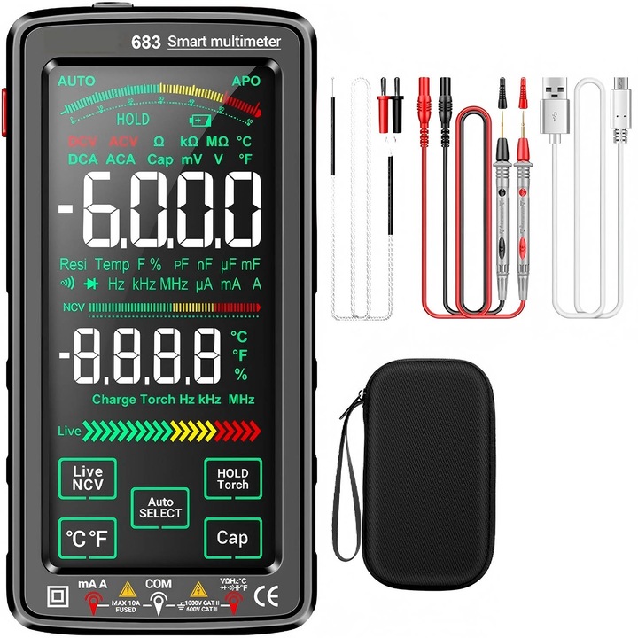 Intelligens digitális multiméter, LCD érintőképernyő, USB töltés, feszültség, hőmérséklet, kapacitás, dióda, ellenállás, frekvencia teszt, NCV, hordtáska, orber, ABS/szilikon, fekete