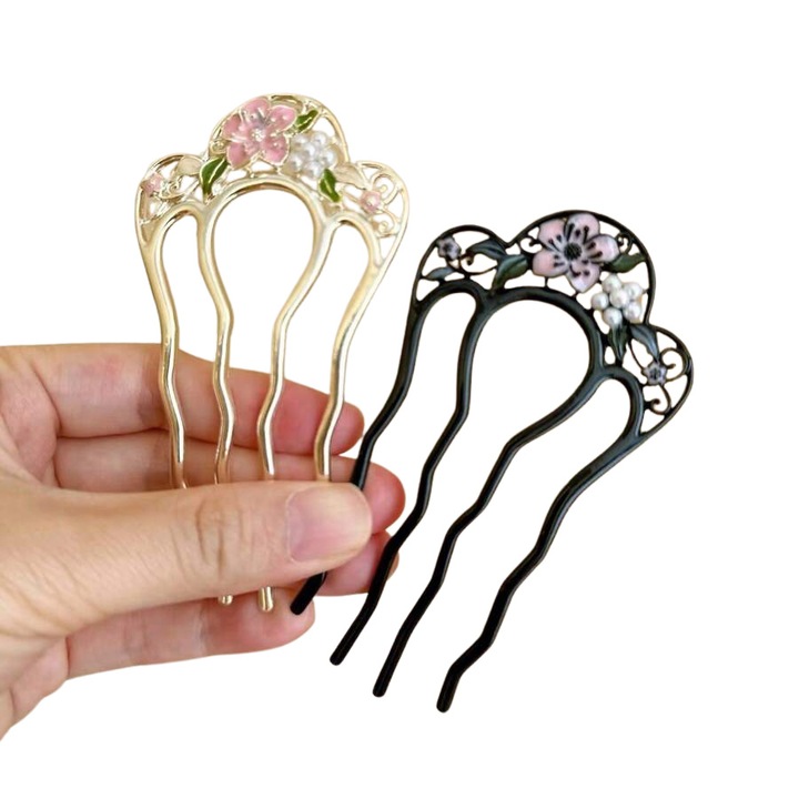 Set 2 Agrafe Metalice in forma de U, Danati™, Cu Decor Floare pentru pins cocul, ac de par, Negru/Alb, 8.5 x 5cm