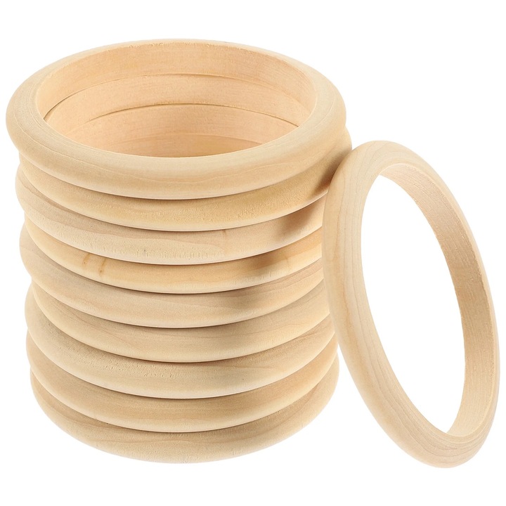 Set 10 inele din lemn natural nefinisat, multiple intrebuintari, 7.70x7.70x0.80cm, culoare natur