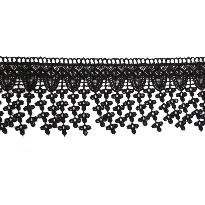 Dantela brodata cu flori, 300x8cm, neagra, pentru aplicatii decorative