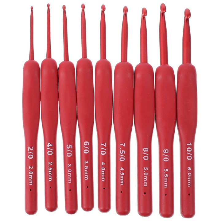 Set de crosetat 9 ace din aluminiu cu maner din silicon, rosu, 13.60x1.40x0.90cm