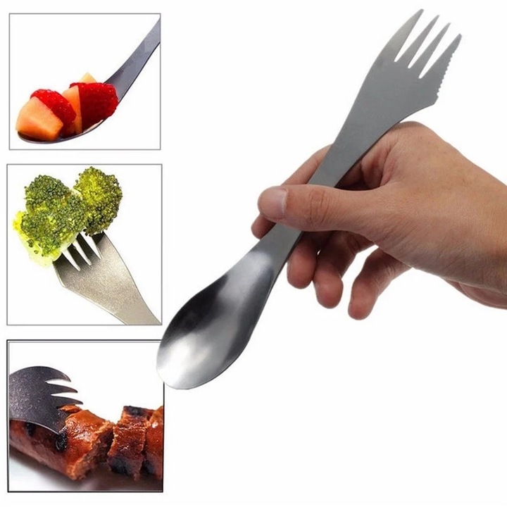 Set tacamuri 3 in 1, lingura si furculita, inox, argintiu, pentru picnic si camping