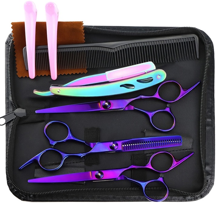 Foarfece Profesionale de Tuns si Filat BYONDSELF, Set 7-in-1, Otel Inoxidabil, Violet, 17x14cm