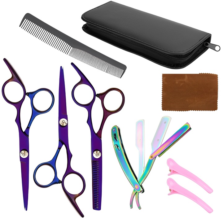 Professzionális hajvágó és ritkító olló, BYONDSELF®, rozsdamentes acél, 9 darabos készlet, 14 cm, borbélyoknak, szalonoknak vagy fodrászoknak, tartozék Spatula, fésű és csatok, lila