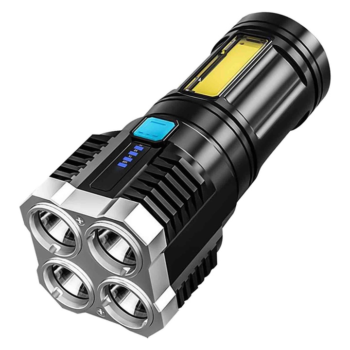 Lanterna LED ZYBLSSBB LSM3135-BCS0326707-1, USB reincarcabila, 4 LED frontali + COB lateral, 18650 1200mAh, zoom, indicator nivel baterie, rezistenta la apa, negru