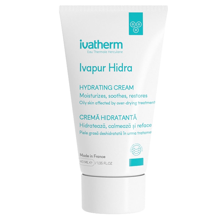 Crema hidratanta Ivapur Hidra, Ivatherm, pentru piele acneica, deshidratata, fragilizata de tratamentele anti-acnee, 40 ml