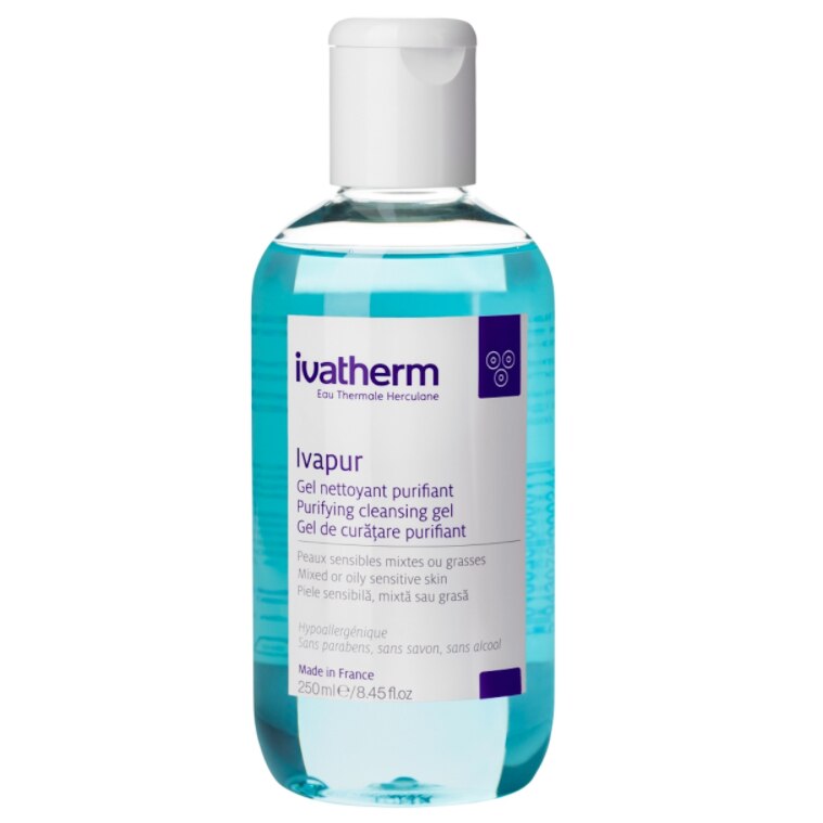 Gel curatare spumant Ivapur, Ivatherm, pentru piele grasa cu acnee, purifica si reduce inflamatia, 250 ml