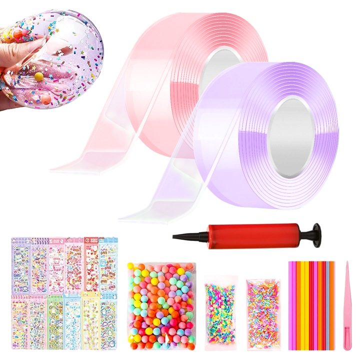 Set creativ Fokelyi, banda adeziva dubla fata de 3m, accesorii DIY, multicolor, 10 paie, 1 pereche de pensete