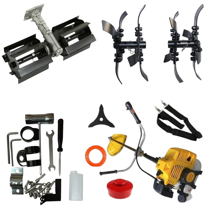 Set Motocoasa benzina de tuns gazon/iarba, Culivator si Prasitoare, CAMPION, putere 8.5 MAX CP, 52 CC, motor 2 timpi, diametru taiere 25.4 cm, contine: ham simplu + mosor + disc 3 Taisuri Japan