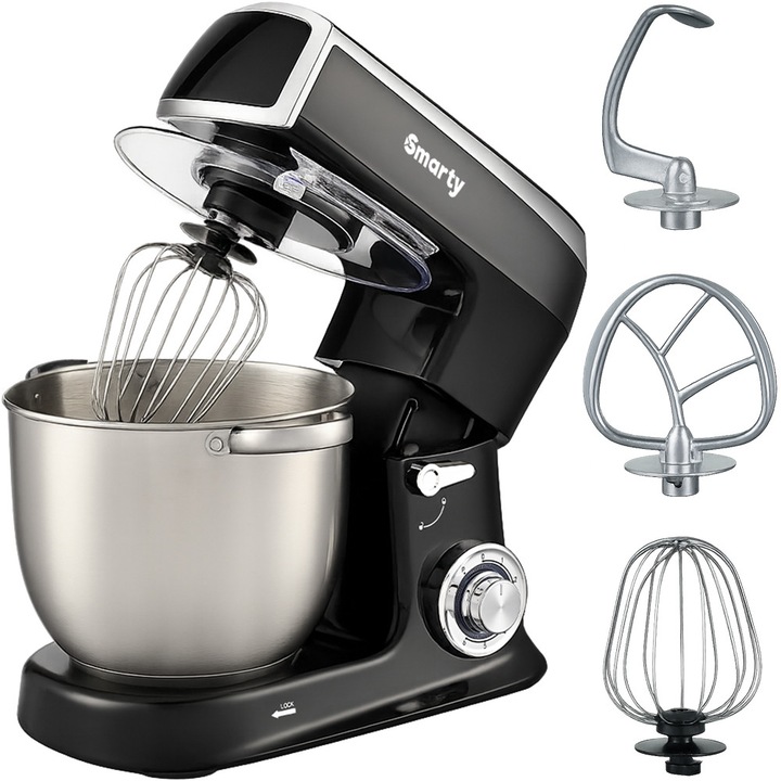 Smarty® M2 ChefMaster Pro rozsdamentes acél tálkás mixer (konyhai robotgép), 1500W, Turbo & Smart, 7 sebesség, 7.5L rozsdamentes acél tál, fröccsenésgátló fedél, tésztagyúrás, jégzúzó funkció, gyöngyházfekete