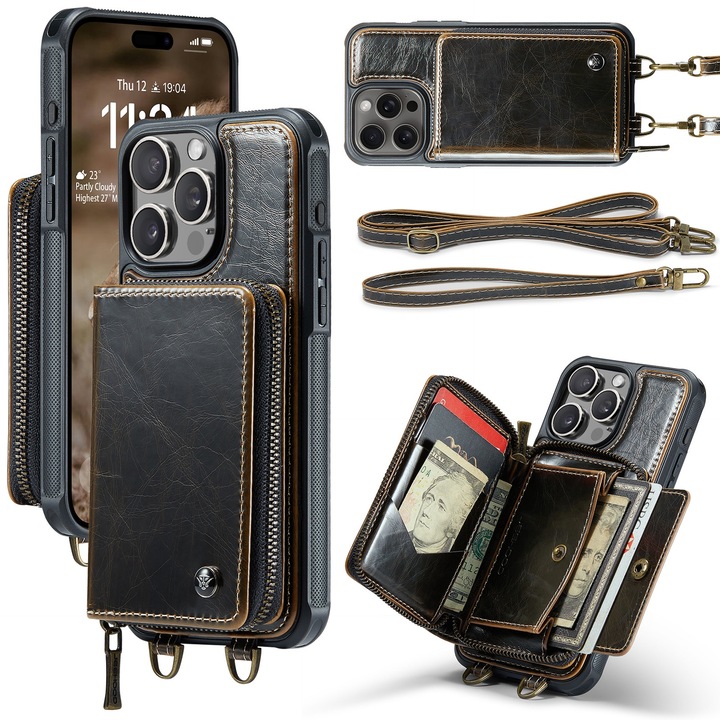 Husa pentru iPhone 16 Pro, CaseMe, piele cu textura foarte fina, back cover cu portofel, buzunar cu fermoar, 2 curele detasabile, protectie RFID, stand, Maro coffee