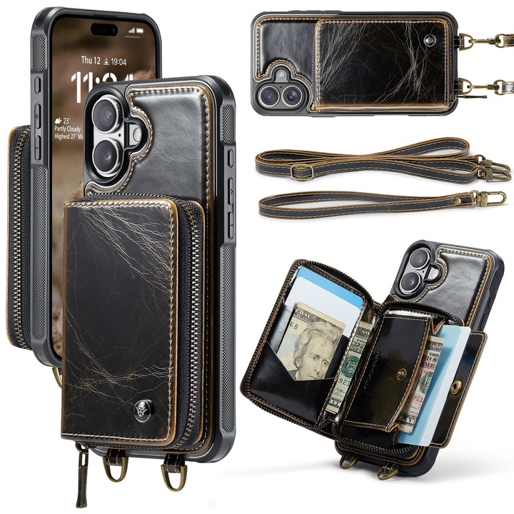 Husa pentru iPhone 16 Plus, CaseMe, piele cu textura foarte fina, back cover cu portofel, buzunar cu fermoar, 2 curele detasabile, protectie RFID, stand, Maro coffee