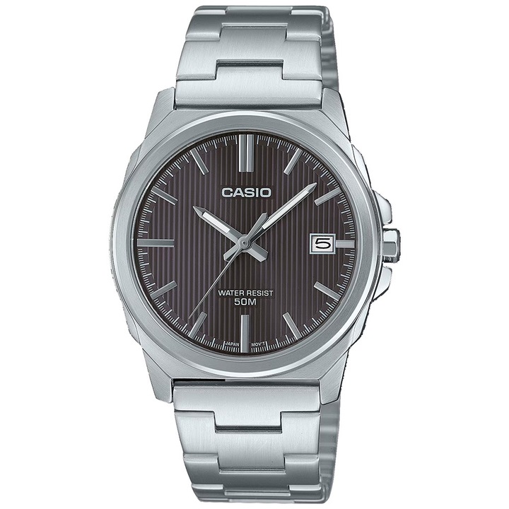 Ceas barbatesc Casio, Quartz, afisaj analog, inox, rezistent la apa 50m, gri, 38.3x9.5mm
