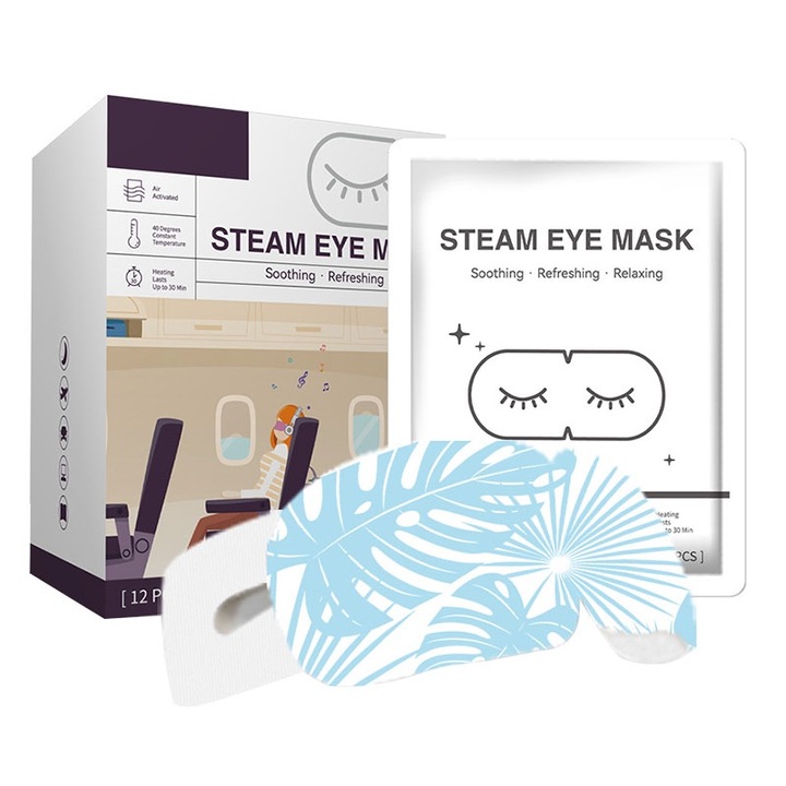 Masti pentru ochi cu autoincalzire, VIELLAN, 12 buc, elimina oboseala ochilor, imbunatateste calitatea somnului, reducere stres, eliberare tensiuni, albastru