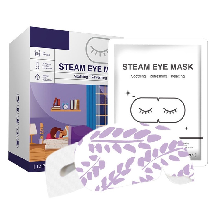 Masti pentru ochi cu autoincalzire si ulei esential de Lavanda, VIELLAN, 12 buc, elimina oboseala ochilor, imbunatateste calitatea somnului, reducere stres, eliberare tensiuni, Violet