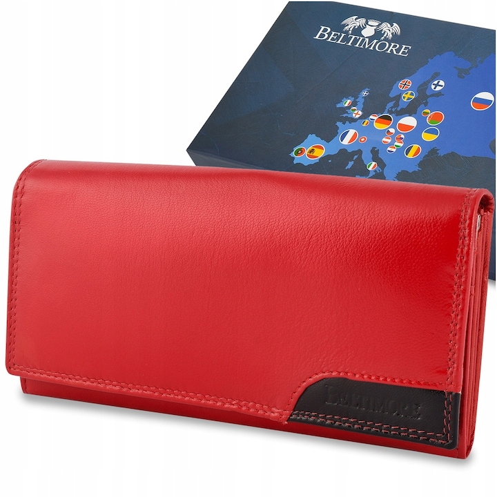 Portofel dama mare Beltimore, piele naturala rosie cu insertie neagra, protectie RFiD, 9.2x18x3.2cm, set cu cutie