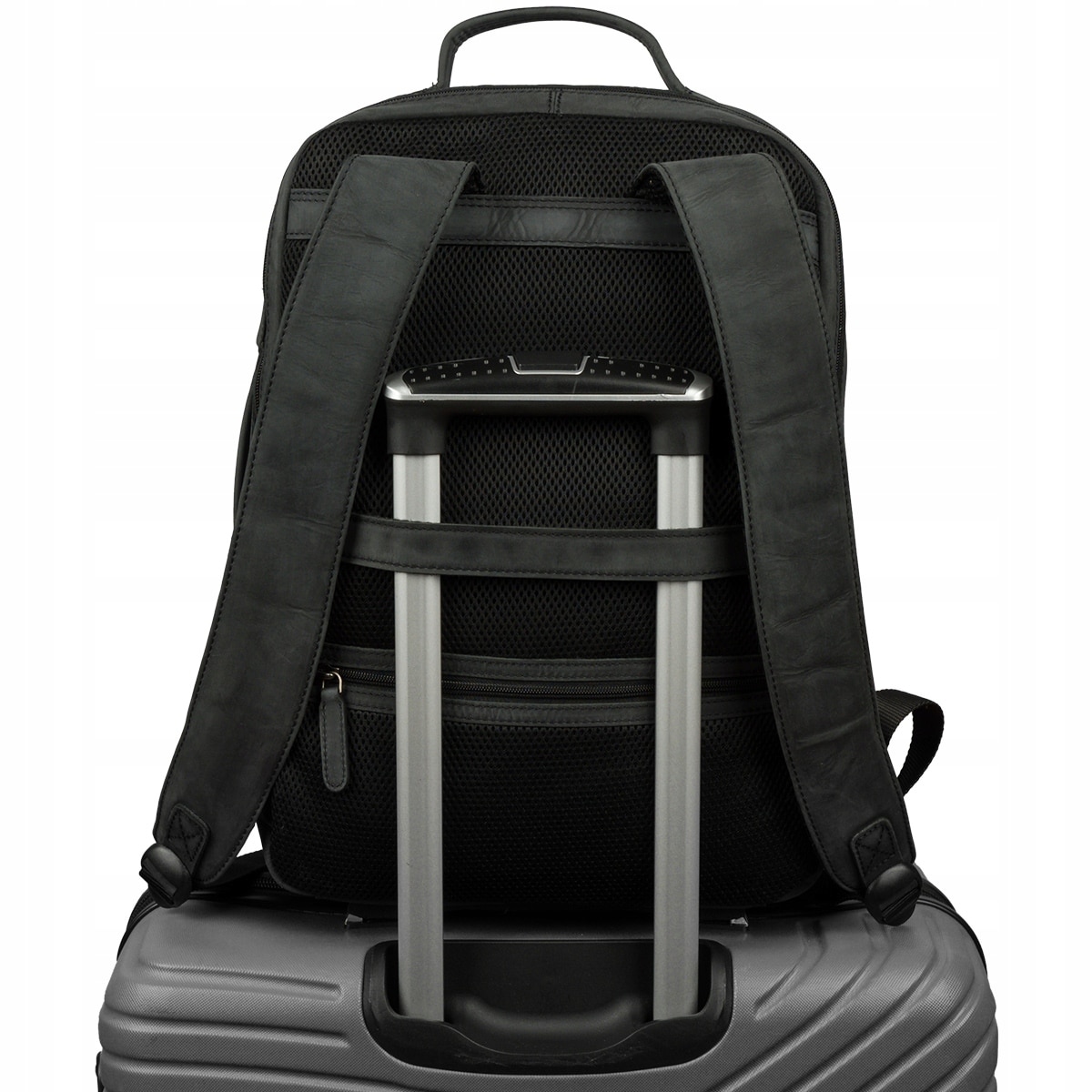 Rucsac din piele pentru laptop 15.6", negru, cu 2 compartimente, pentru documente A4, unisex