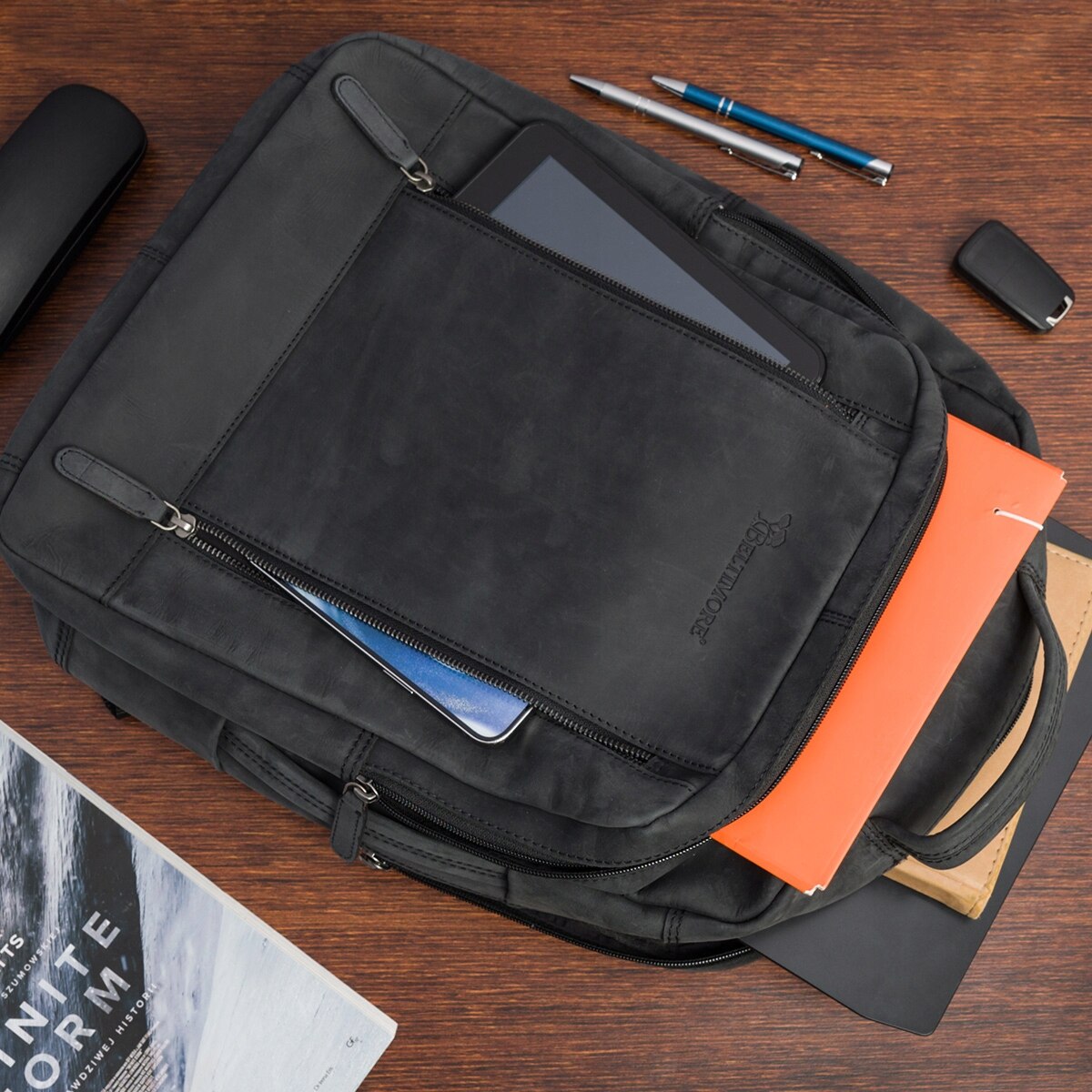 Rucsac din piele pentru laptop 15.6", negru, cu 2 compartimente, pentru documente A4, unisex